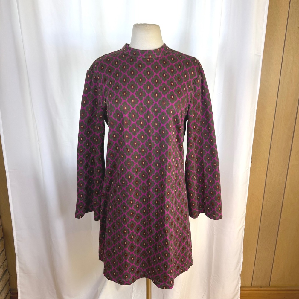 Trina Turk Pink Mod Retro Flare Sleeve Shift Dress Womens Large Floral Mockneck